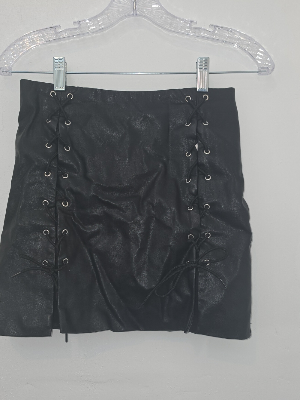 Black Faux Leather Pleather Lace-Up Mini Skirt Small
